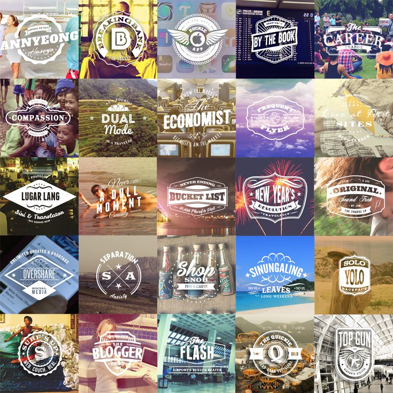 26 Badges for Travel Addicts Mosaic of Badges, Wandering Weekend Warrior